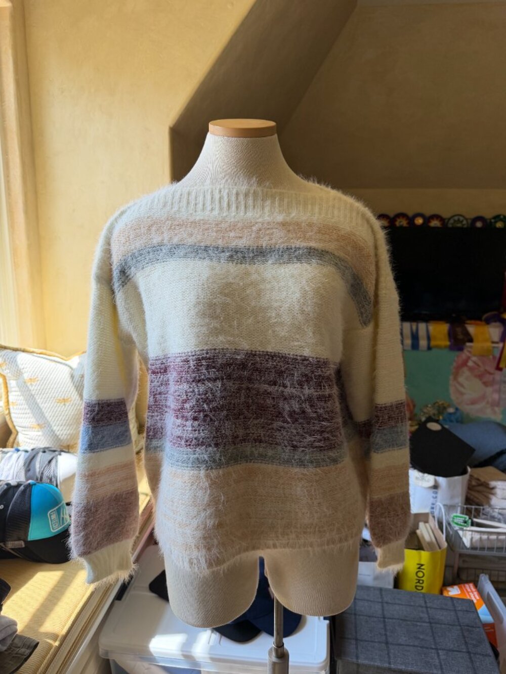 Pinch Cream Fuzzy Striped Sweater